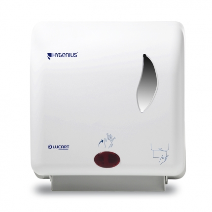 Dispenser din plastic cu senzori pentru prosoape maini pe rola matic alb - hygenius hands no-touch lucart